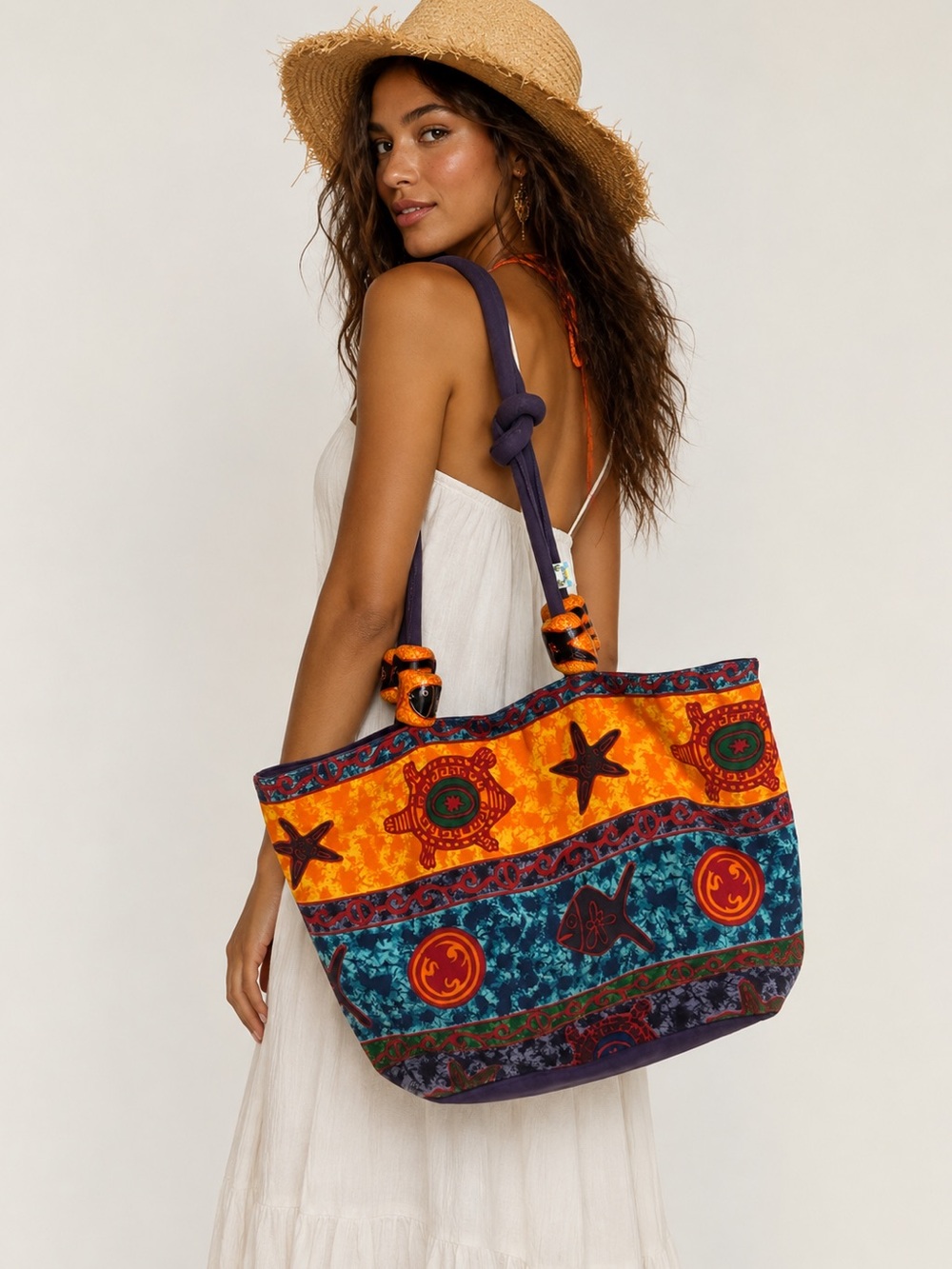 Bohemian 90’s Hippie Artsy Multicolor Beach Large Tote Bag